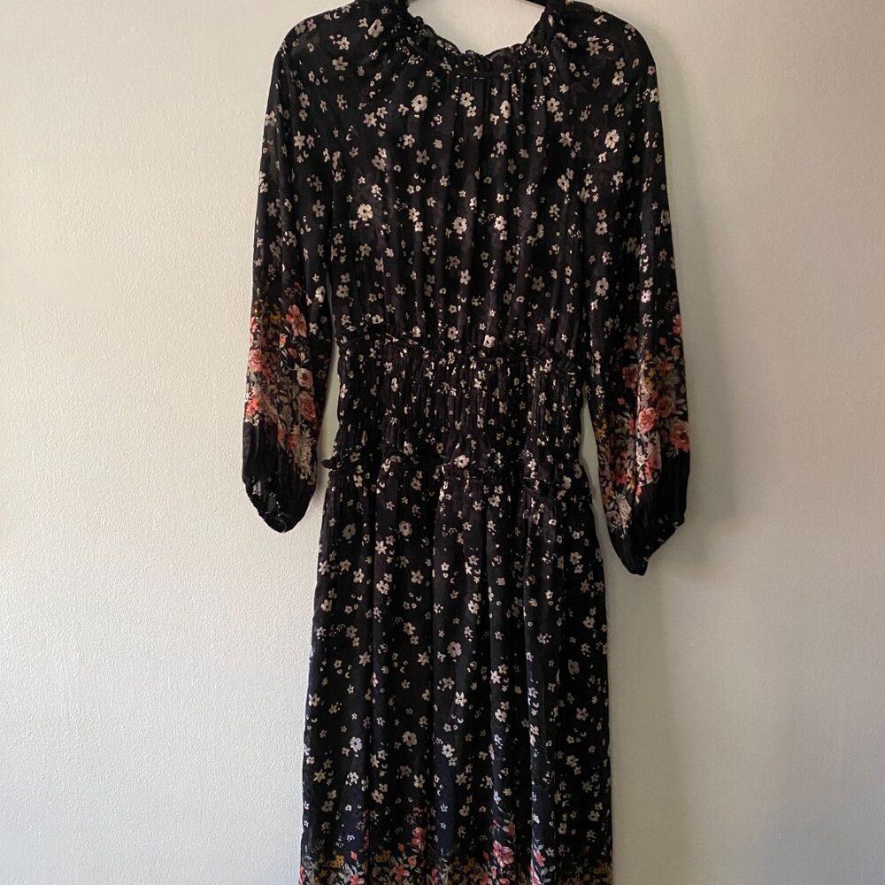 Current Air Anthropologie Black Floral Boho Long Sleeve Smocked Maxi XS